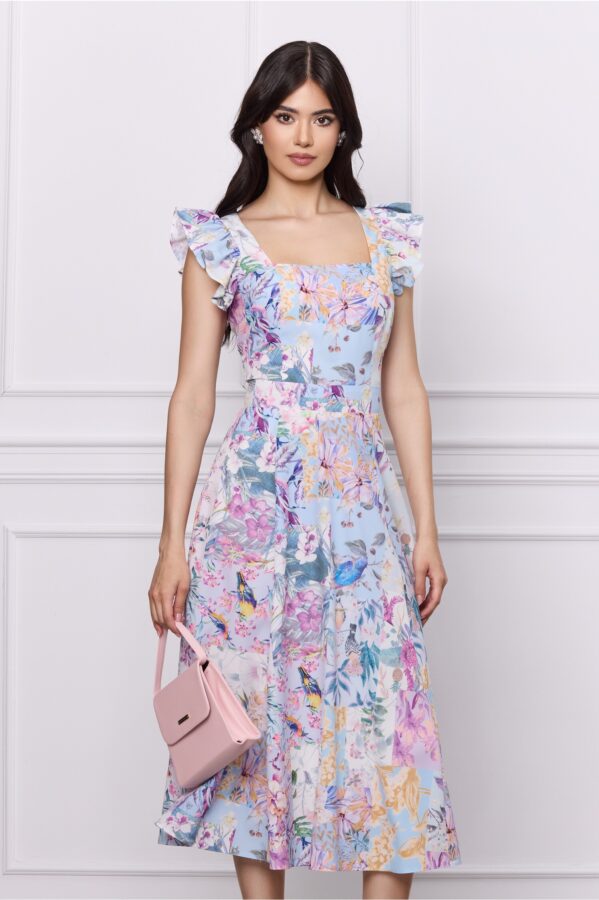 Rochie DY Fashion bleu cu imprimeuri florale mov si volane la umeri