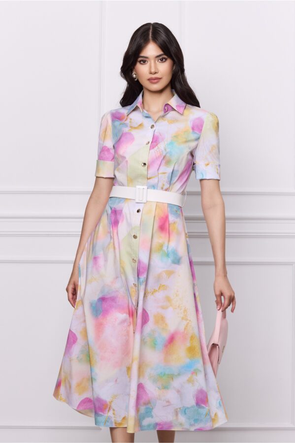 Rochie DY Fashion galbena cu imprimeu roz si curea in talie