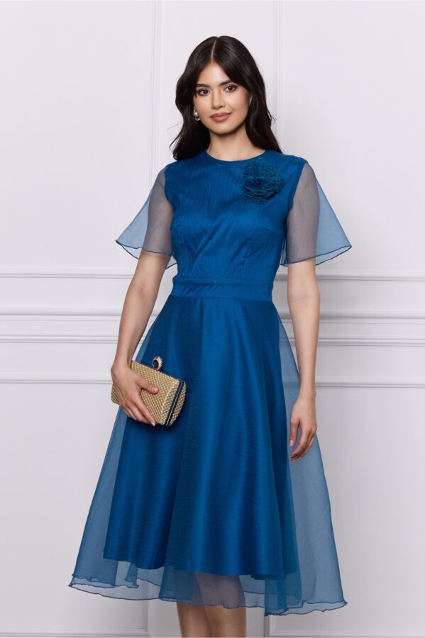 Rochie DY Fashion midi bleumarin din voal cu aplicatie florala