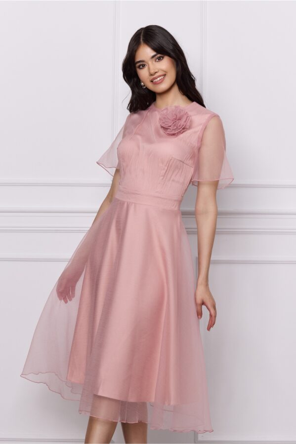Rochie DY Fashion midi roz din voal cu aplicatie florala
