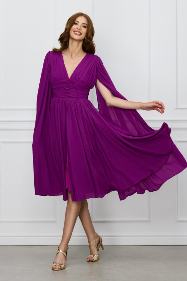Rochie Dy Fashion mov cu nasturi si maneci ample din voal