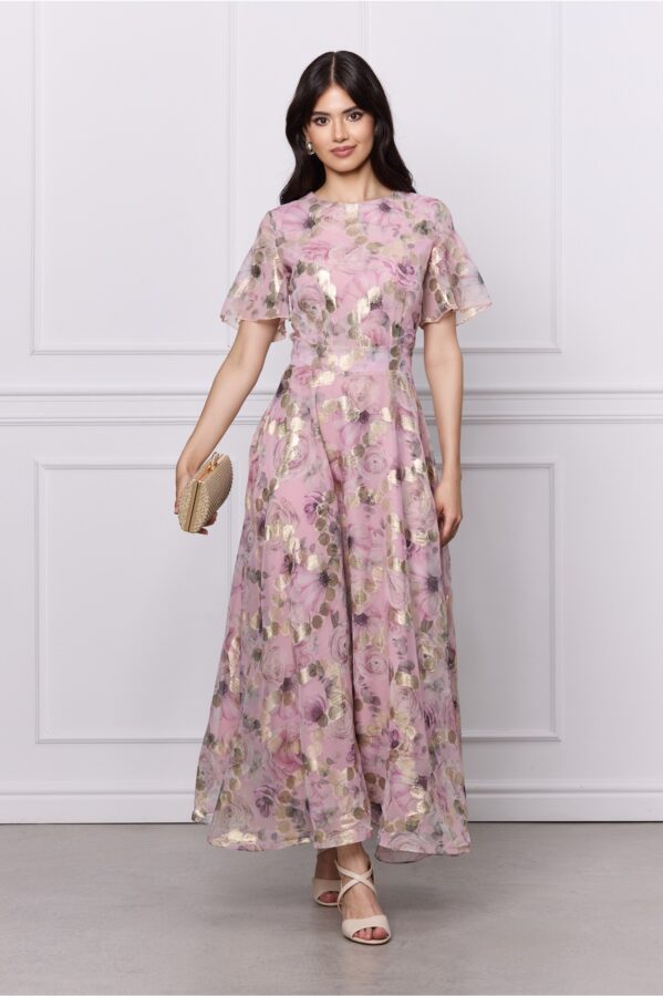 Rochie DY Fashion roz cu imprimeuri florale si fir lurex