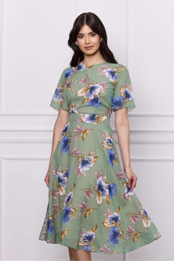 Rochie DY Fashion verde fistic din voal cu imprimeuri florale albastre