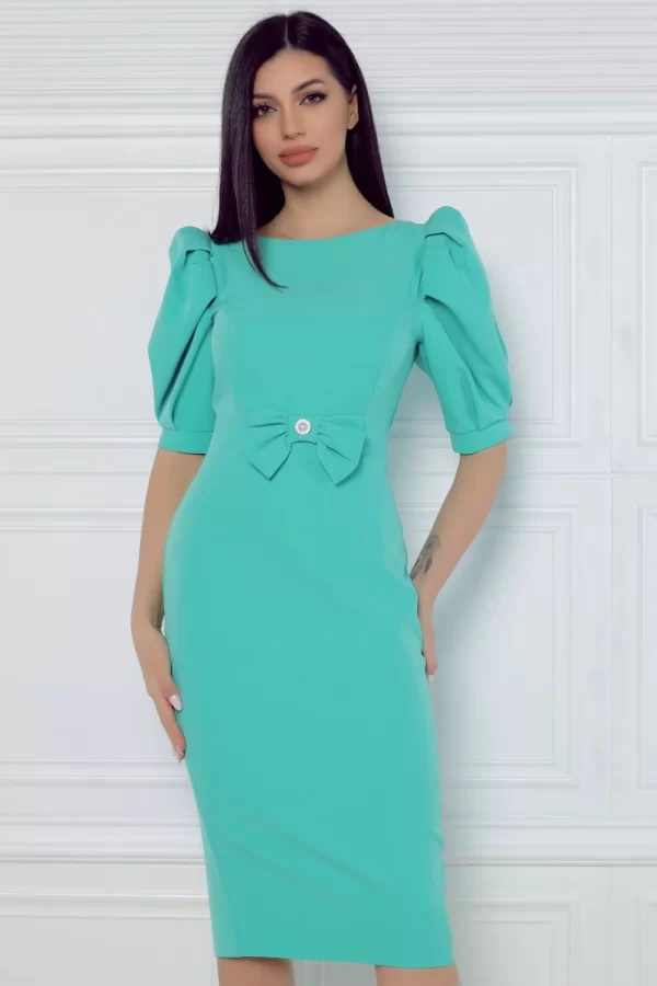 Rochie eleganta aqua cu funda la talie si maneca scurta bufanta