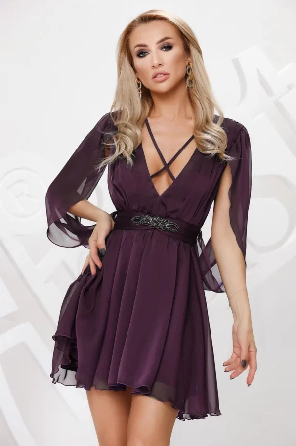 Rochie eleganta din voal cu maneci sparte si accesoriu la talie