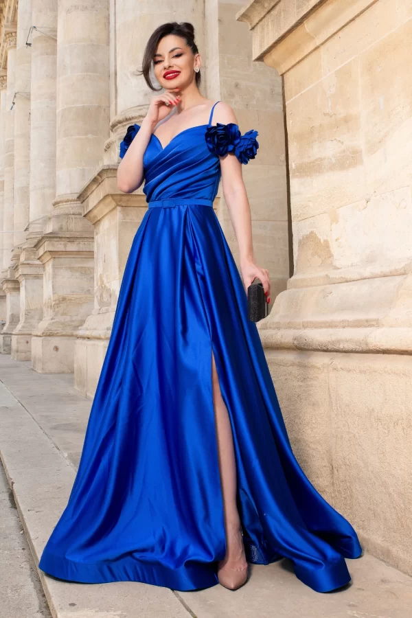 Rochie eleganta lunga de seara albastru royal Moon cu trandafiri 3D