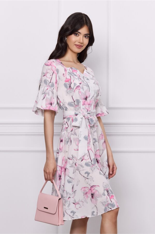 Rochie Elisa alba cu imprimeu floral roz si cordon in talie
