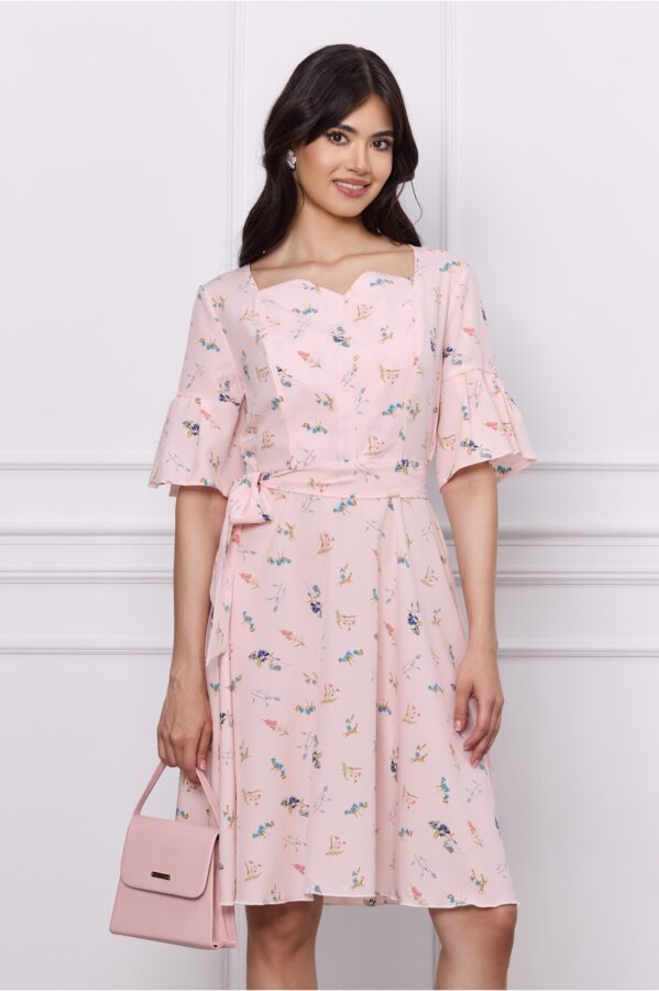 Rochie Elisa roz cu imprimeu floral albastru si cordon in talie