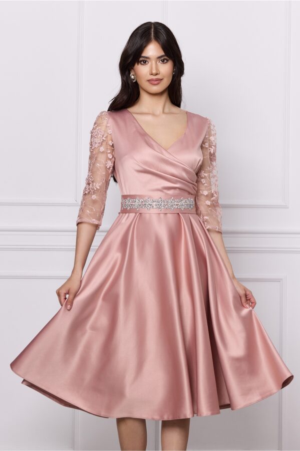 Rochie Ella Collection Adria roz pudra cu dantela si paiete si cordon in talie