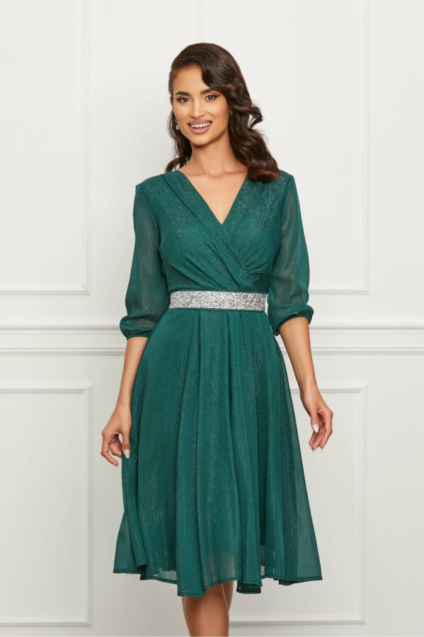 Rochie Ella Collection Julia verde cu cordon stralucitor in talie
