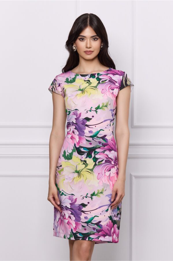 Rochie Luna lila cu imprimeuri florale galbene