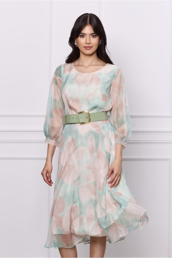 Rochie Mara verde mint cu imprimeu bej si curea in talie