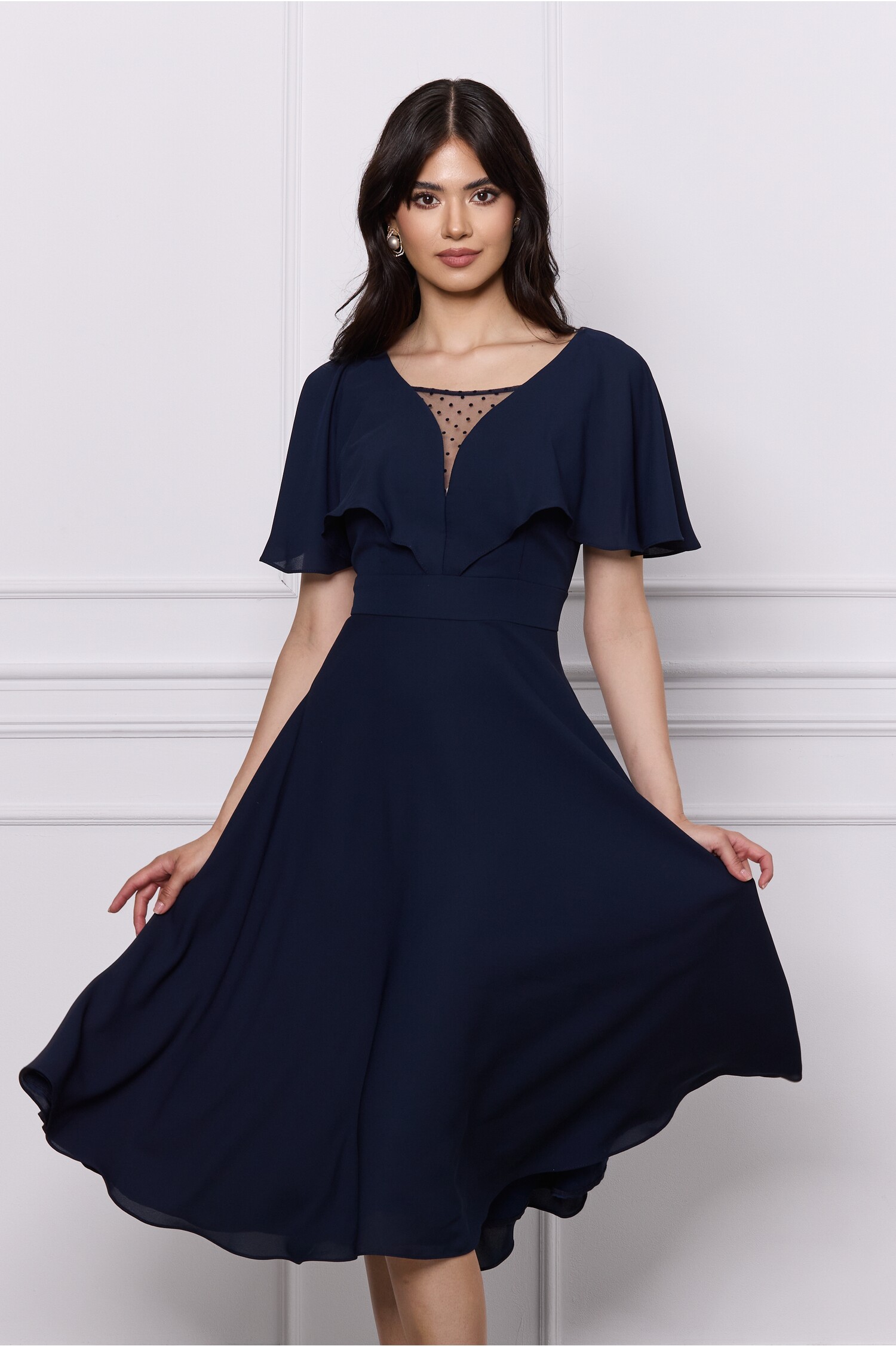 Rochie Melissa bleumarin cu volane la bust