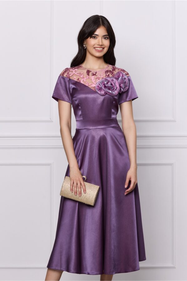 Rochie Moze mov sidef cu flori bej la bust