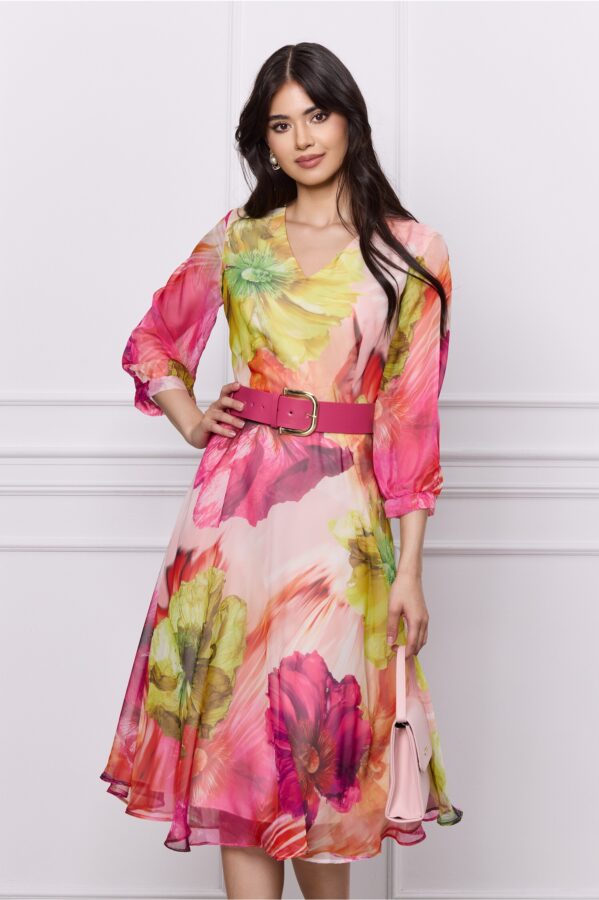 Rochie Roxana corai din voal cu imprimeu fucsia si curea in talie