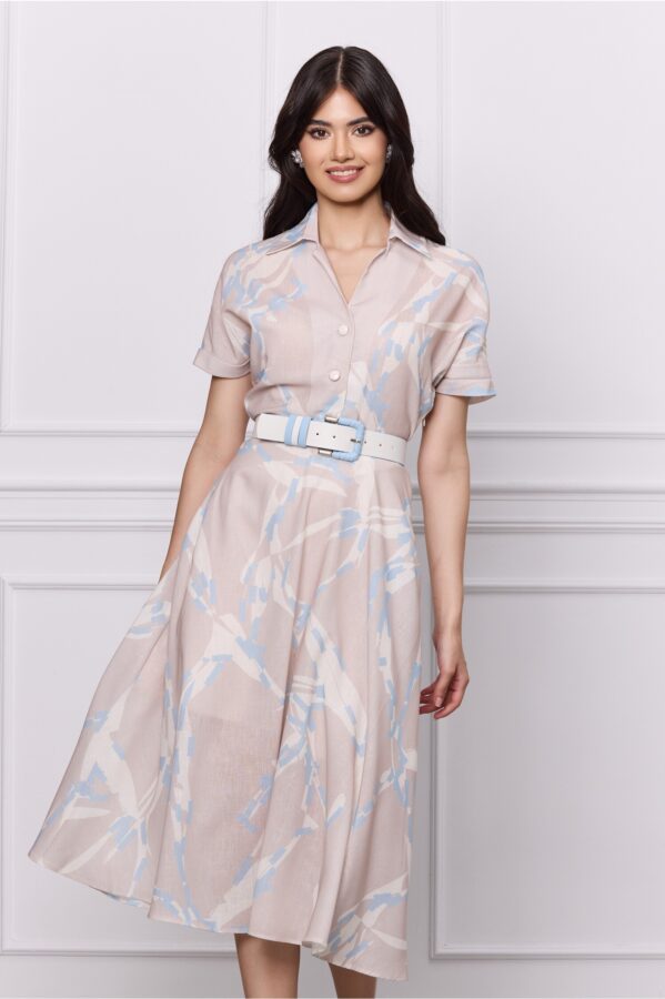 Rochie Vania bej cu imprimeuri bleu si curea in talie