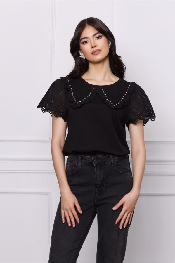 Tricou Mada negru cu guler si strasuri