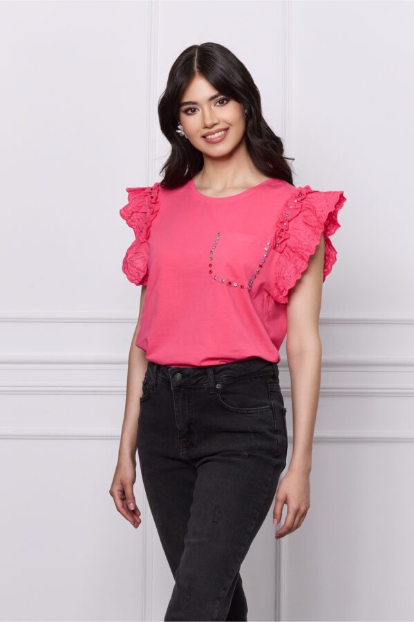 Tricou Stefy roz cu strasuri si dantela