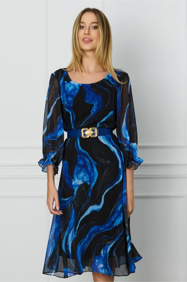 Rochie Ana neagra din voal cu imprimeu albastra si curea in talie