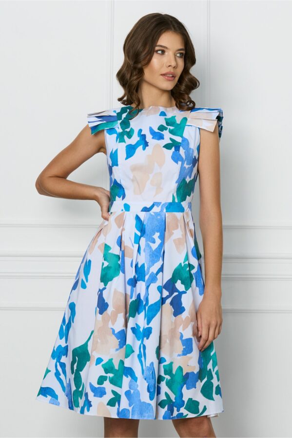 Rochie DY Fashion alba cu imprimeuri albastre si maneci scurte evantai