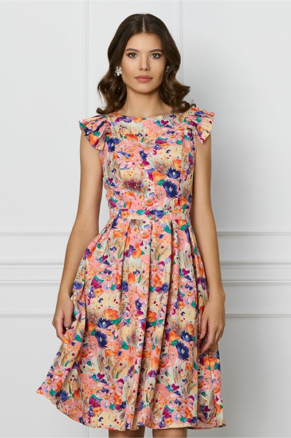 Rochie DY Fashion bej cu imprimeuri orange si maneci scurte evantai