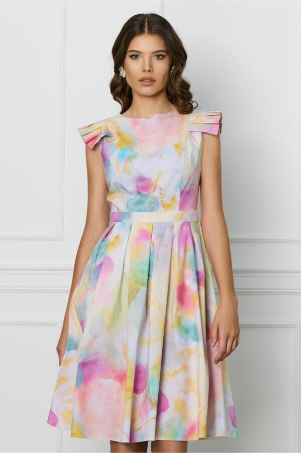 Rochie DY Fashion bleu cu imprimeuri galbene si maneci scurte evantai