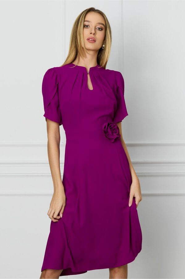 Rochie DY Fashion magenta cu maneci lalea si trandafir in talie