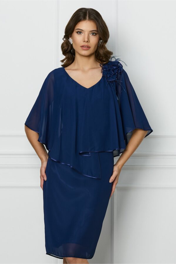 Rochie Mihaela bleumarin cu capa si aplicatii florale