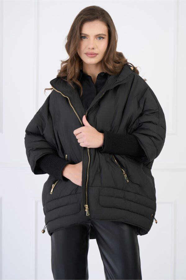 Geaca din fas oversize neagra cu maneci din tricot