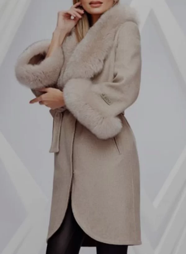 Palton dama bej/gri din lana de alpaca cu blana naturala de vulpe