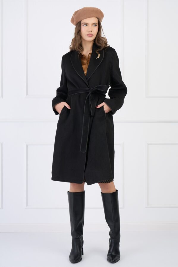 Palton din lana negru cu cordon si brosa