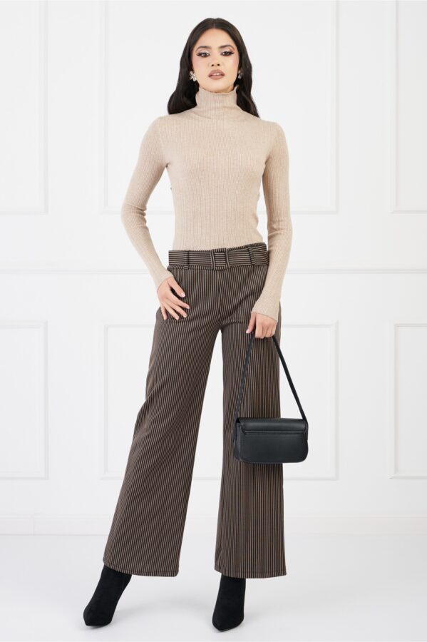 Pantaloni Andrada negri cu dungi bej si curea in talie