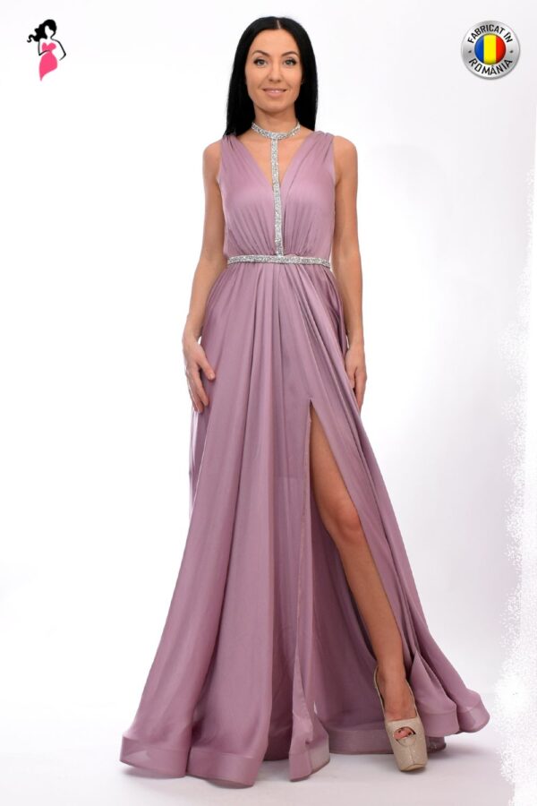Rochie de seara lunga din material vaporos cu captuseala scurta si slit pe picior
