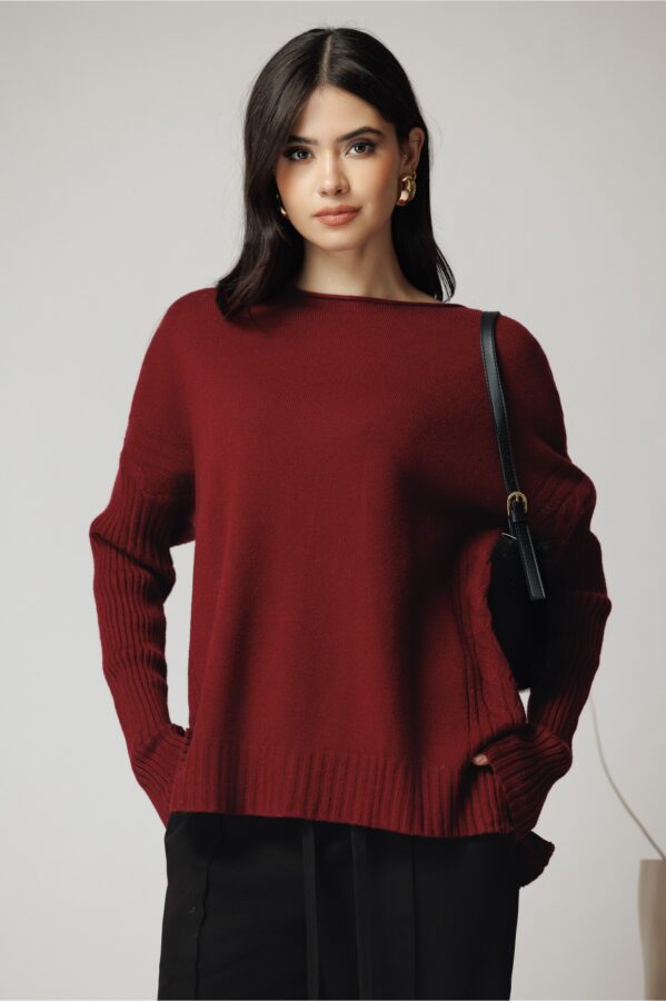 Bluza casual din tricot burgundy cu maneci reiate