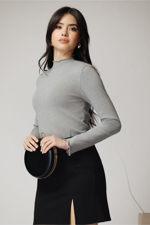 Bluza casual din viscoza gri cu guler incretit