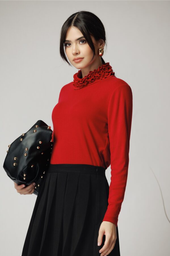 Bluza casual din viscoza rosie cu guler incretit