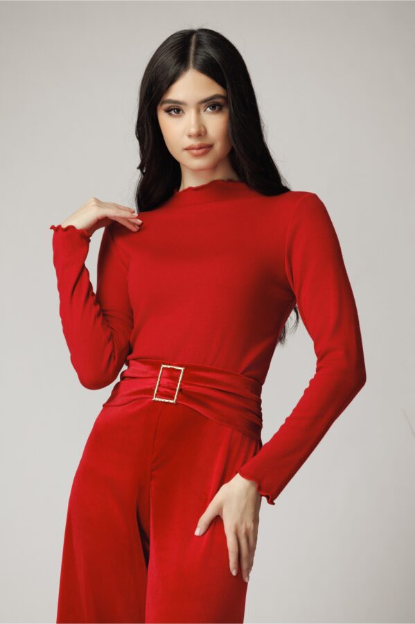 Bluza casual din viscoza rosie cu guler incretit
