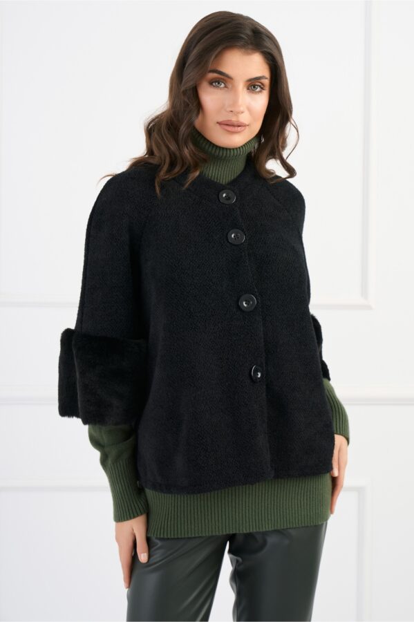 Capa scurta din bucle neagra cu blanita la maneci