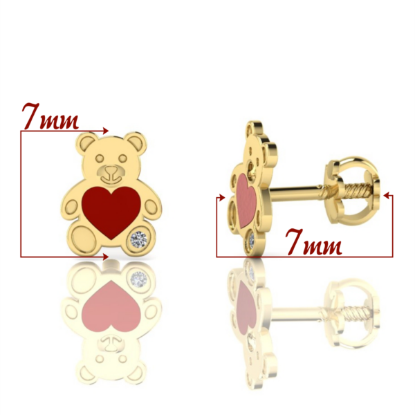 Cercei cu ursulet, colorit si diamant – din aur 14k – pentru bebe sau fetite