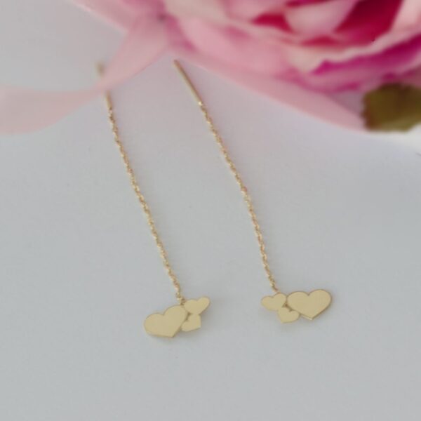 Cercei lungi cu lanț model trei inimioare – aur galben 14K