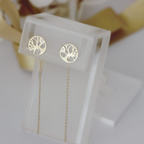 Cercei copacul vietii lungi cu lantisor aur galben 14k