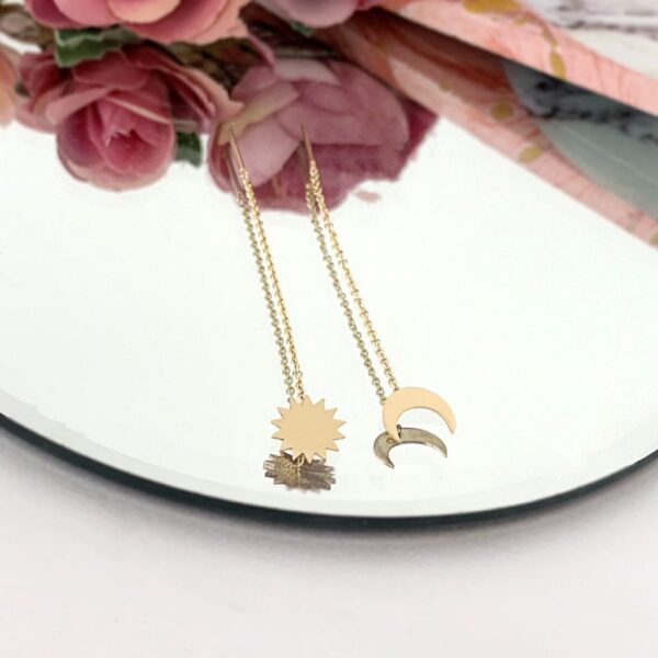Cercei lungi cu lant din aur 14k model semiluna si soare – pentru dama