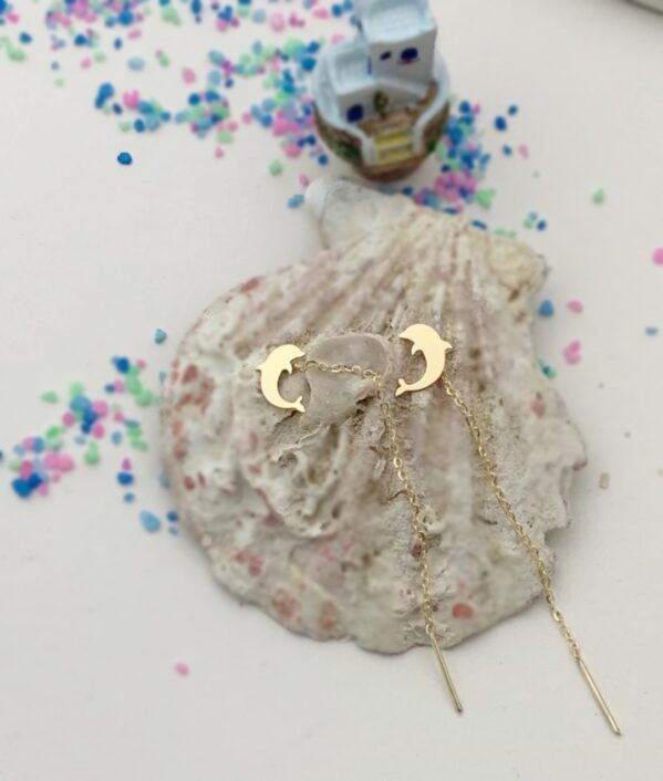 Cercei delfini cu lant – finisaj lucios – aur galben 14K