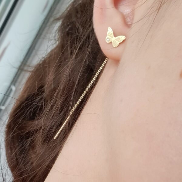 Cercei aur lungi cu lant – model fluturas cu diamante transparente