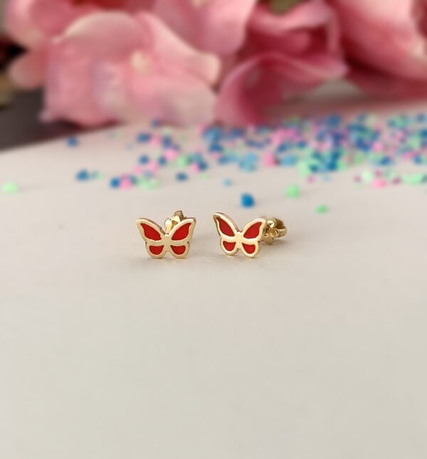 Cercei cu fluturas si colorit – din aur de 14k – pentru bebe sau fetite