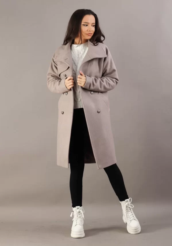 Palton dama gri pudrat captusit cu guler si rever ascutit