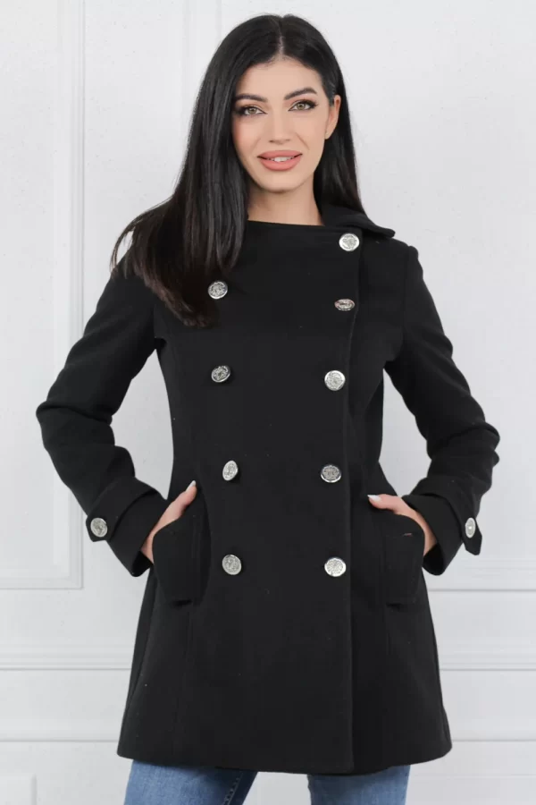 Palton dama negru cambrat prevazut cu doua randuri de nasturi metalici