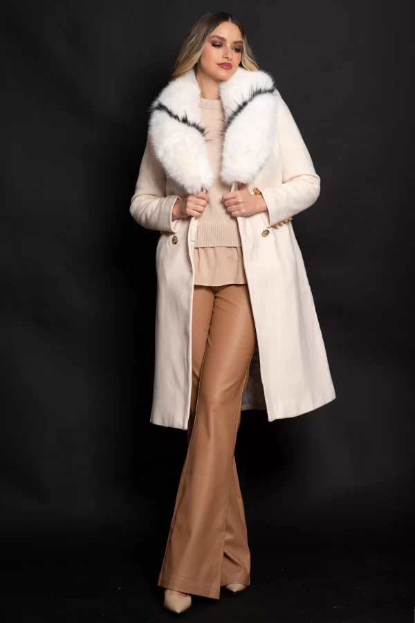 Palton din stofa crem matlasat Amarah cu blana ecologica