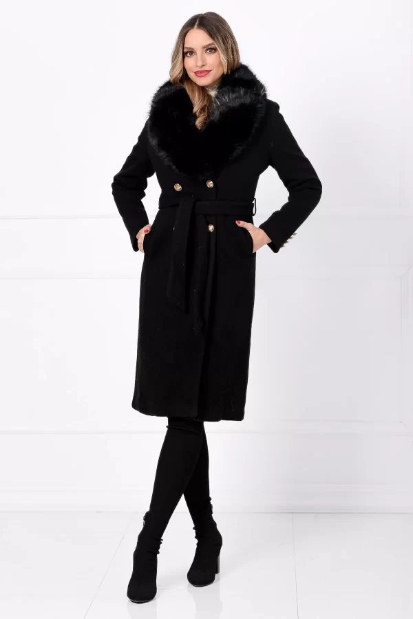 Palton din stofa negru matlasat Amarah cu blana ecologica