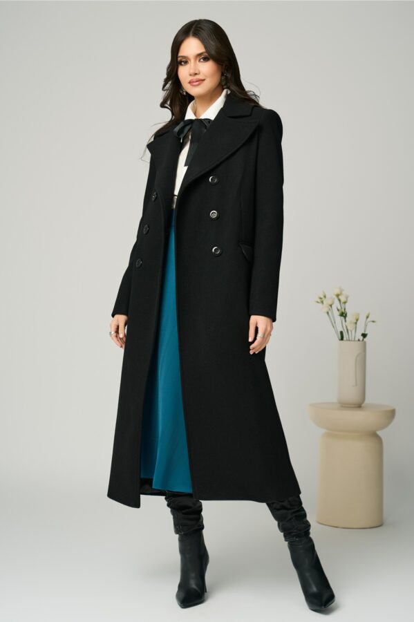 Palton Moze lung elegant din stofa negru cu doua randuri de nasturi